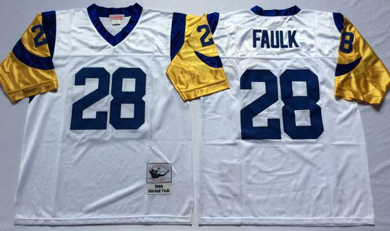 Rams 28 Marshall Faulk White M&N Throwback Jersey->nfl m&n throwback->NFL Jersey